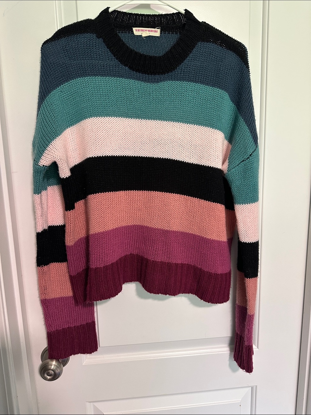 Purple Snow Striped Crewneck Sweater in Teal, Pink, Black & Mauve